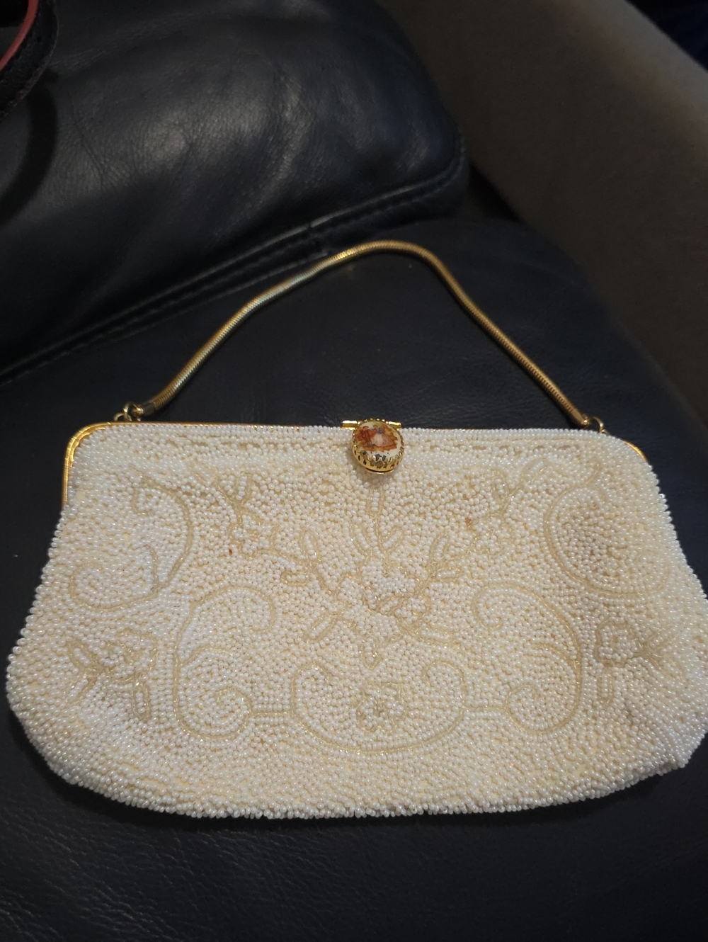Ivory Beaded Evening Clutch with Gold Frame